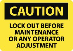 NMC - "Caution - Lock Out Before Maintenance or Any Operator Adjustment", 10" Long x 14" Wide, Rigid Plastic Safety Sign - Rectangle, 0.05" Thick, Use for Accident Prevention - Caliber Tooling