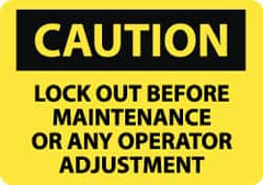 NMC - "Caution - Lock Out Before Maintenance or Any Operator Adjustment", 10" Long x 14" Wide, Pressure-Sensitive Vinyl Safety Sign - Rectangle, 0.004" Thick, Use for Accident Prevention - Caliber Tooling