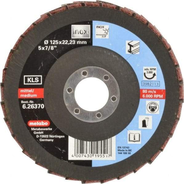 Metabo - 120 Grit, 5" Disc Diam, 7/8" Center Hole, Type 27 Aluminum Oxide Flap Disc - 12,200 Max RPM, Nylon Backing, Coated & Non-Woven Combo - Caliber Tooling