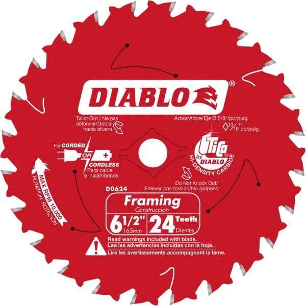 Freud - 6-1/2" Diam, 5/8" Arbor Hole Diam, 24 Tooth Wet & Dry Cut Saw Blade - Carbide-Tipped, Standard Round Arbor - Caliber Tooling