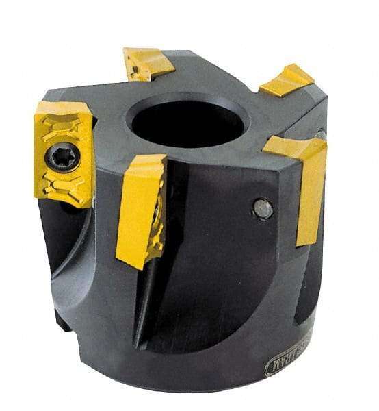 Kennametal - 2-1/2" Cut Diam, 3/4" Arbor Hole, 0.3" Max Depth of Cut, 42° Indexable Chamfer & Angle Face Mill - 5 Inserts, OD 04 Insert, Right Hand Cut, 5 Flutes, Through Coolant, Series 7745 VOD 04 - Caliber Tooling