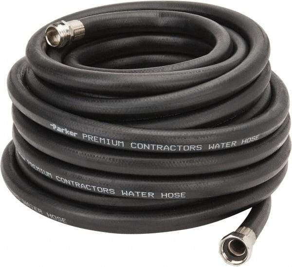 Parker - 50' Long Water Hose - 5/8" Diam, 3/4" GHT, Rubber, 125 psi, Black - Caliber Tooling