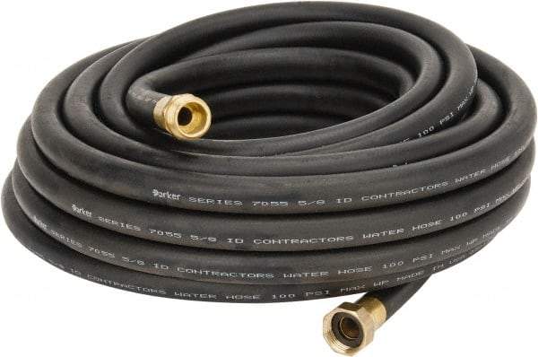 Parker - 50' Long Contractor Hose - 5/8" Diam, 3/4" GHT, Rubber, 100 psi, Black - Caliber Tooling