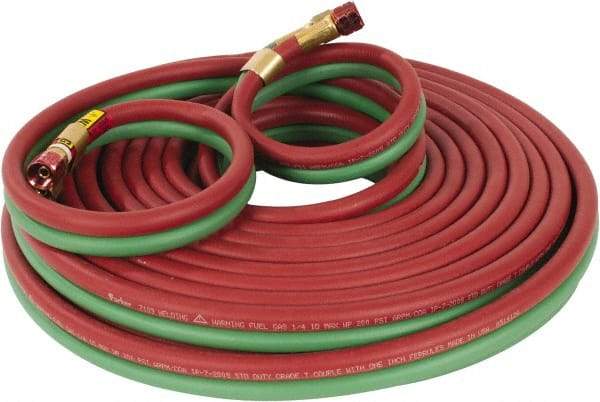 Parker - 1/4" Inside x 17/32" Outside Diam, Grade T Welding Hose - Green & Red, 50' Long, Twin Style, 200 psi Working Pressure - Caliber Tooling