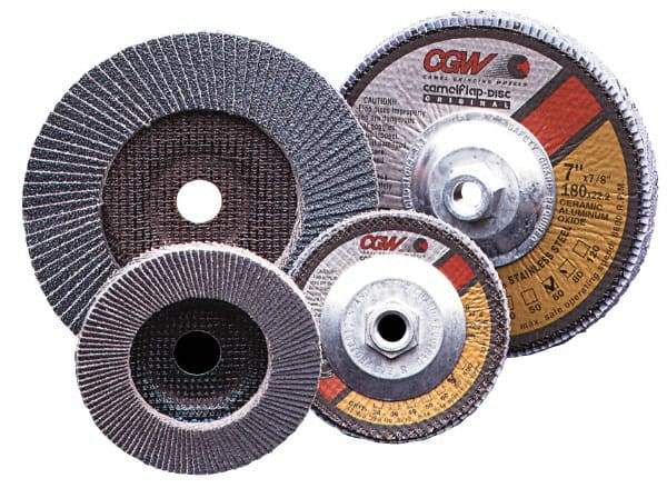 Camel Grinding Wheels - 60 Grit, 5" Disc Diam, 5/8-11 Center Hole, Type 27 Zirconia Alumina Flap Disc - 12,200 Max RPM, Poly Cotton Backing, Arbor Attaching System, Coated - Caliber Tooling