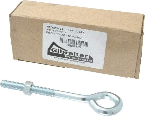 Gibraltar - 3/8-16, Zinc-Plated Finish, Steel Wire Turned Open Eye Bolt - 2-1/2" Thread Length, 3/4" ID x 1-1/2" OD, 4" Shank Length - Caliber Tooling