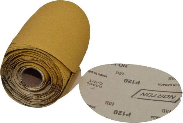 Norton - 5" Diam, 120 Grit Aluminum Oxide Adhesive PSA Disc - Medium Grade, Gold, C Weighted Backing, Flexible - Caliber Tooling