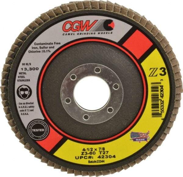 Camel Grinding Wheels - 60 Grit, 4-1/2" Disc Diam, 7/8" Center Hole, Type 27 Zirconia Alumina Flap Disc - 13,300 Max RPM, Poly Cotton Backing, Arbor Attaching System, Coated - Caliber Tooling