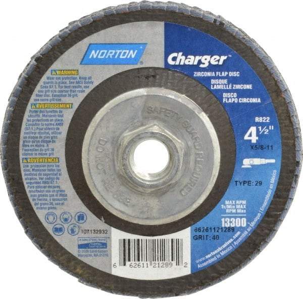 Norton - 40 Grit, 4-1/2" Disc Diam, 5/8-11 Center Hole, Type 29 Zirconia Alumina Flap Disc - 13,000 Max RPM, Fiberglass Backing, Arbor Attaching System, Coated - Caliber Tooling