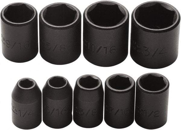 Proto - 9 Piece 3/8" Drive Impact Socket Set - 6 Points, 1/4" to 3/4" Range, Inch Measurement Standard - Caliber Tooling