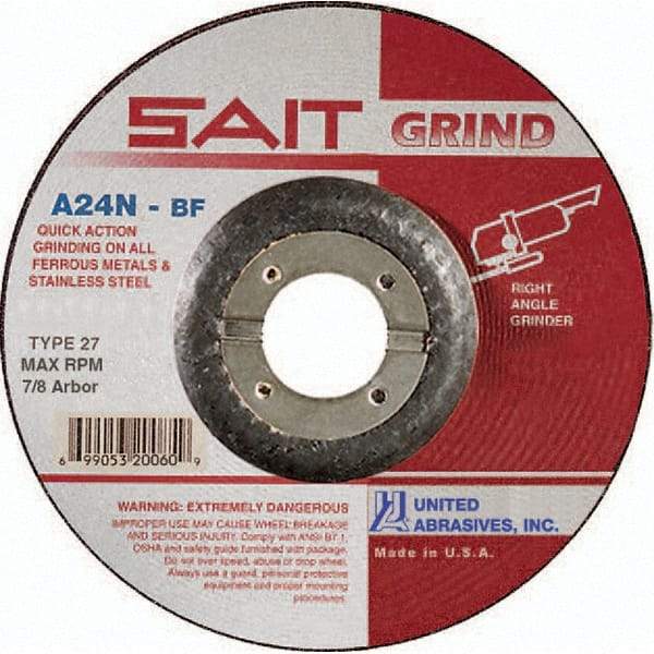 Sait - 24 Grit, 4-1/2" Wheel Diam, 3/16" Wheel Thickness, 7/8" Arbor Hole, Type 27 Depressed Center Wheel - Aluminum Oxide, Resinoid Bond, N Hardness, 13,300 Max RPM, Compatible with Angle Grinder - Caliber Tooling