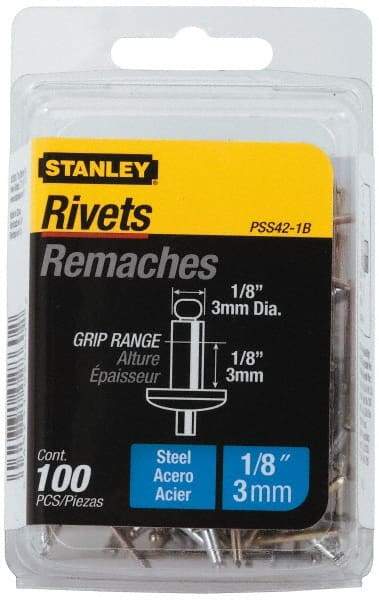 Stanley - Steel Color Coded Blind Rivet - Steel Mandrel, 0.062" to 1/8" Grip, 1/4" Head Diam, 0.125" to 0.133" Hole Diam, 0.275" Length Under Head, 1/8" Body Diam - Caliber Tooling