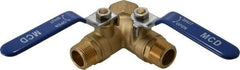 Midwest Control - 3/4 x 1" Pipe, Standard Port, Brass Standard Ball Valve - 2 Piece, Three Way, FNPT x MNPT x MNPT Ends, Lever Handle, 600 WOG, 150 WSP - Caliber Tooling