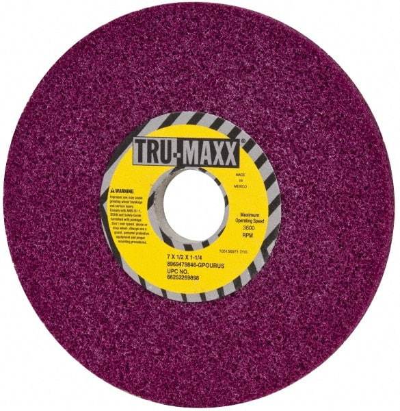 Tru-Maxx - 7" Diam x 1-1/4" Hole x 1/2" Thick, G Hardness, 46 Grit Surface Grinding Wheel - Aluminum Oxide, Type 1, Coarse Grade, 3,600 Max RPM, No Recess - Caliber Tooling