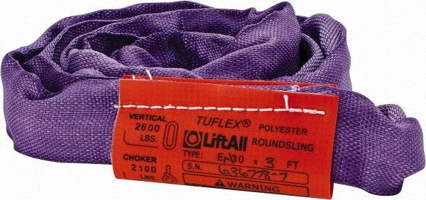 Lift-All - 3' Long x 3" Wide, 2,600 Lb Vertical Capacity, Polyester Web Sling - 2,100 Lb Choker Capacity, 5/8" Diam Chain, Purple - Caliber Tooling