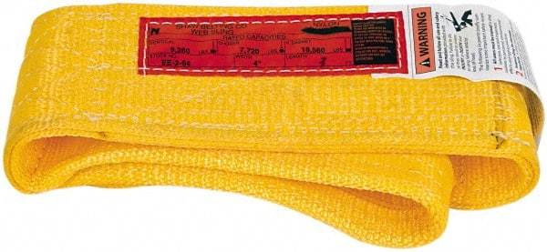 Made in USA - 3' Long x 4" Wide, 9,280 Lb Vertical Capacity, 2 Ply, Nylon Web Sling - 7,420 Lb Choker Capacity - Caliber Tooling