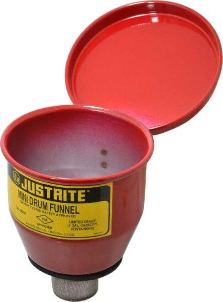 Justrite - 4-1/2" High x 4-1/2" Diam, Galvanized Steel, Manual Closing Pail Funnel with Flame Arrester - 1" Arrester/Tube Length, 5 Gal Drum/Pail Capacity - Caliber Tooling