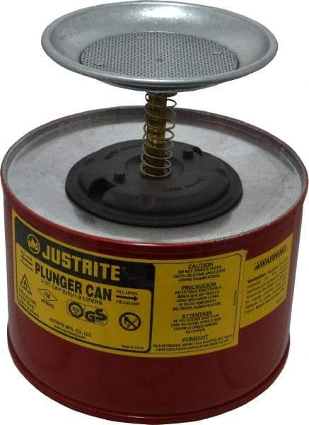 Justrite - 2 Quart Capacity, 7-3/8 Inch High x 7-1/4 Inch Diameter, Steel Plunger Can - 5 Inch Dasher Diameter, Red, Approval Listing/Regulation FM - Caliber Tooling