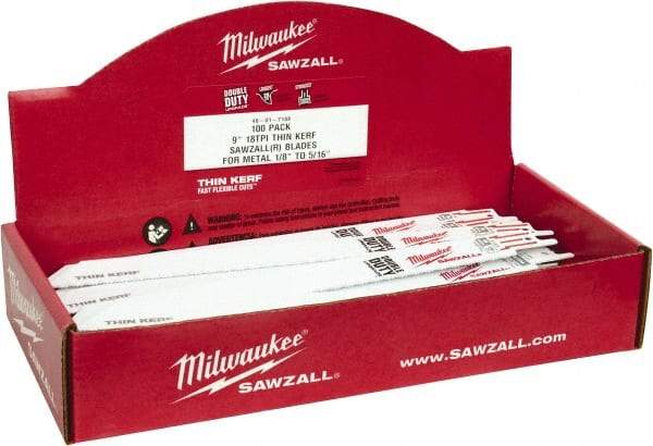 Milwaukee Tool - 9" Long x 3/4" Thick, Bi-Metal Reciprocating Saw Blade - Straight Profile, 18 TPI, Toothed Edge, Universal Shank - Caliber Tooling