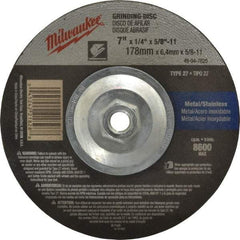 Milwaukee Tool - 24 Grit, 7" Wheel Diam, 1/4" Wheel Thickness, Type 27 Depressed Center Wheel - Aluminum Oxide, Resinoid Bond, R Hardness, 8,600 Max RPM, Compatible with Angle Grinder - Caliber Tooling