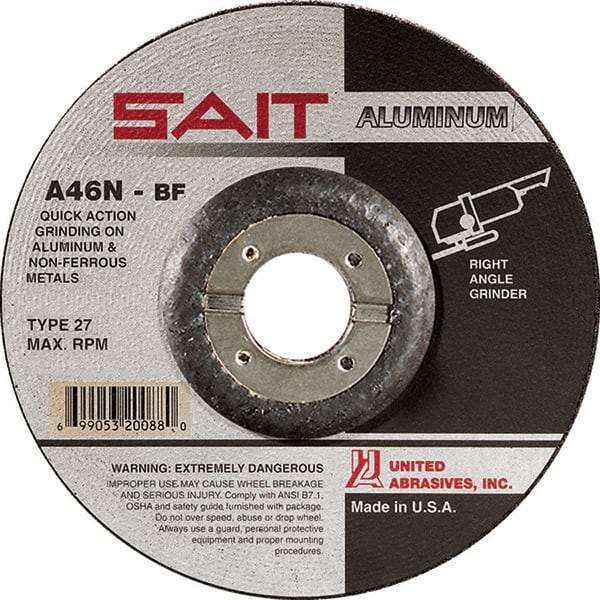 Sait - 46 Grit, 4-1/2" Wheel Diam, 1/4" Wheel Thickness, 7/8" Arbor Hole, Type 27 Depressed Center Wheel - Aluminum Oxide, Resinoid Bond, N Hardness, 13,300 Max RPM, Compatible with Angle Grinder - Caliber Tooling