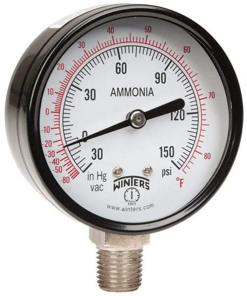 Winters - 2-1/2" Dial, 1/4 Thread, 30-0-150 Scale Range, Pressure Gauge - Lower Connection Mount, Accurate to 3-2-3% of Scale - Caliber Tooling