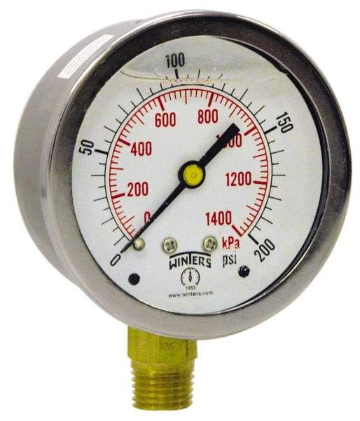 Winters - 2-1/2" Dial, 1/4 Thread, 0-1,000 Scale Range, Pressure Gauge - Lower Connection Mount, Accurate to 1.5% of Scale - Caliber Tooling