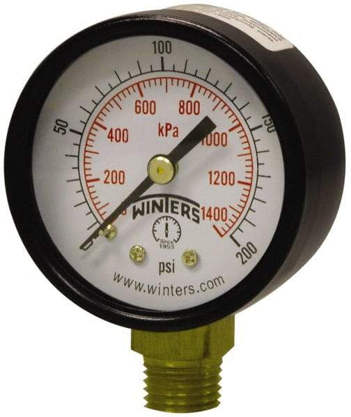 Winters - 2" Dial, 1/4 Thread, 0-200 Scale Range, Pressure Gauge - Lower Connection Mount, Accurate to 3-2-3% of Scale - Caliber Tooling