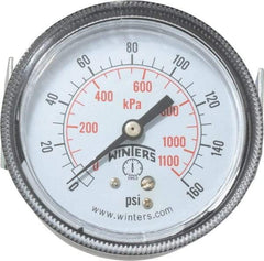 Winters - 2-1/2" Dial, 1/4 Thread, 0-160 Scale Range, Pressure Gauge - U-Clamp Panel Mount, Center Back Connection Mount, Accurate to 2.5% of Scale - Caliber Tooling