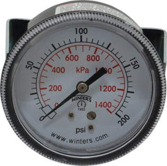 Winters - 2-1/2" Dial, 1/4 Thread, 0-200 Scale Range, Pressure Gauge - U-Clamp Panel Mount, Center Back Connection Mount, Accurate to 2.5% of Scale - Caliber Tooling