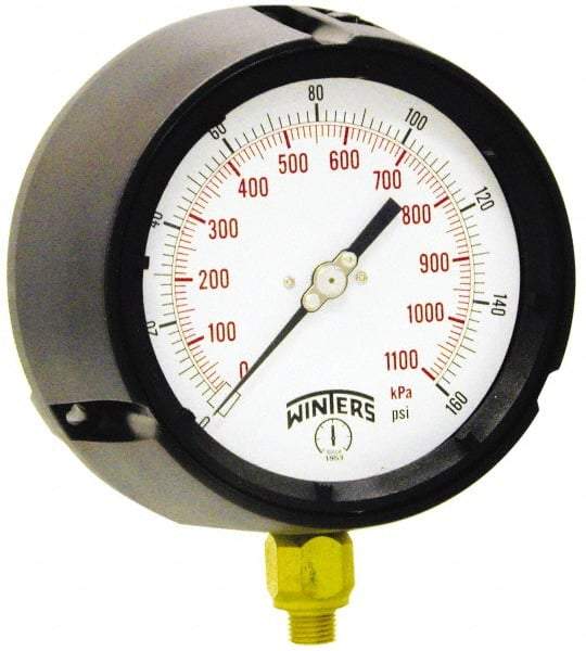 Winters - 4-1/2" Dial, 1/4 Thread, 0-400 Scale Range, Pressure Gauge - Lower Connection Mount, Accurate to 0.5% of Scale - Caliber Tooling