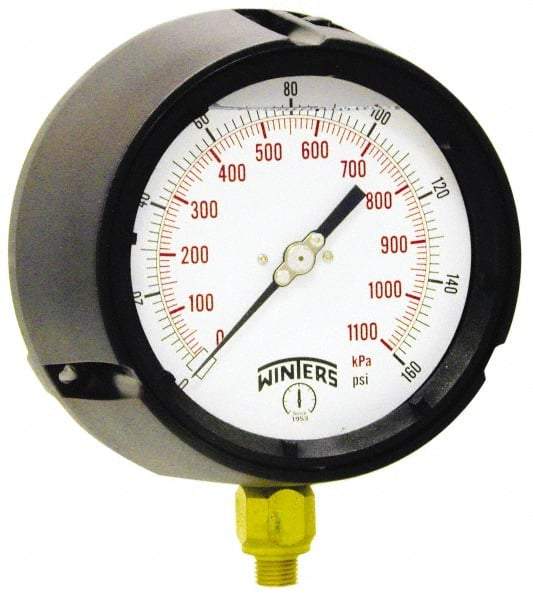 Winters - 4-1/2" Dial, 1/2 Thread, 0-1,000 Scale Range, Pressure Gauge - Lower Connection Mount, Accurate to 0.5% of Scale - Caliber Tooling