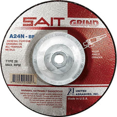 Sait - 24 Grit, 4-1/2" Wheel Diam, 1/4" Wheel Thickness, Type 28 Depressed Center Wheel - Aluminum Oxide, Resinoid Bond, N Hardness, 13,300 Max RPM, Compatible with Angle Grinder - Caliber Tooling