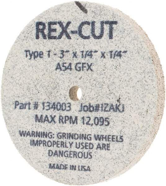 Rex Cut Product - 3" Diam x 1/4" Hole x 1/4" Thick, 54 Grit Surface Grinding Wheel - Aluminum Oxide, Type 1, Coarse Grade, 12,095 Max RPM, Rubber Bond, No Recess - Caliber Tooling