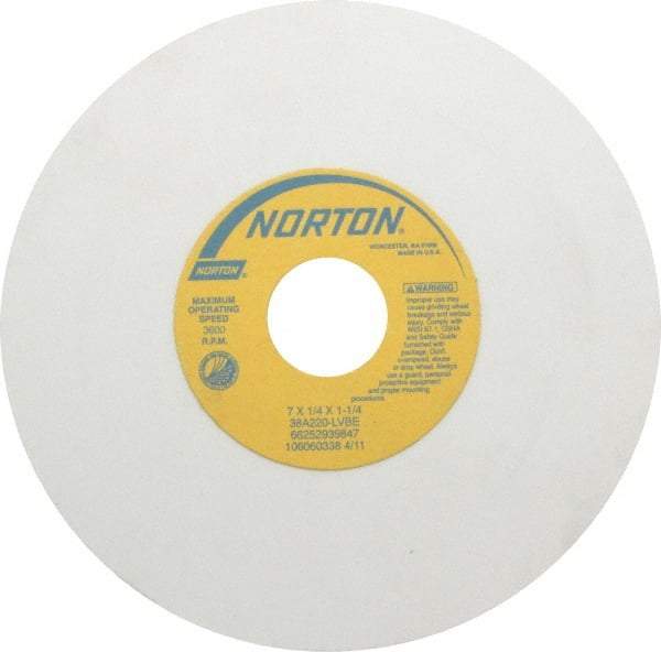 Norton - 7" Diam x 1-1/4" Hole x 1/4" Thick, L Hardness, 220 Grit Surface Grinding Wheel - Aluminum Oxide, Type 1, Very Fine Grade, 3,600 Max RPM, Vitrified Bond, No Recess - Caliber Tooling