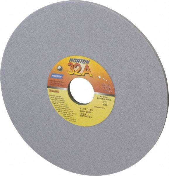 Norton - 8" Diam x 1-1/4" Hole x 1/4" Thick, L Hardness, 80 Grit Surface Grinding Wheel - Aluminum Oxide, Type 1, Medium Grade, 3,600 Max RPM, Vitrified Bond, No Recess - Caliber Tooling