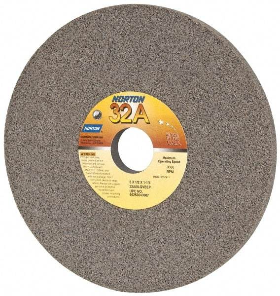 Norton - 8" Diam x 1-1/4" Hole x 1/2" Thick, G Hardness, 60 Grit Surface Grinding Wheel - Aluminum Oxide, Type 1, Medium Grade, 3,600 Max RPM, Vitrified Bond, No Recess - Caliber Tooling