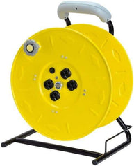 Value Collection - 12 AWG, 100' Cable Length, Cord & Cable Reel with Outlet End, No Cable - 4 Outlets, NEMA 5-15R, 15 Amps, 125 Volts, SO Cable, Yellow Reel, Hand Crank Reel - Caliber Tooling