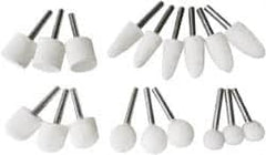 Value Collection - 18 Piece, 1/4" Shank Diam, Wool Felt Bob Set - Medium Density, Includes Ball, Cone, Cylinder, Flame, Olive & Oval Bobs - Caliber Tooling