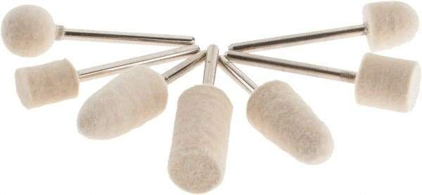 Value Collection - 7 Piece, 1/8" Shank Diam, Wool Felt Bob Set - Medium Density, Includes Ball, Cone, Cylinder, Flame, Olive & Oval Bobs - Caliber Tooling