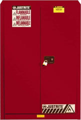 Justrite - 2 Door, 5 Shelf, Red Steel Standard Safety Cabinet for Flammable and Combustible Liquids - 65" High x 43" Wide x 18" Deep, Self Closing Door, 3 Point Key Lock, 60 Gal Capacity - Caliber Tooling