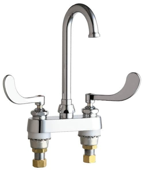 Chicago Faucets - Wrist Blade Handle, Deck Mounted Bathroom Faucet - Two Handle, No Drain, Gooseneck Spout - Caliber Tooling