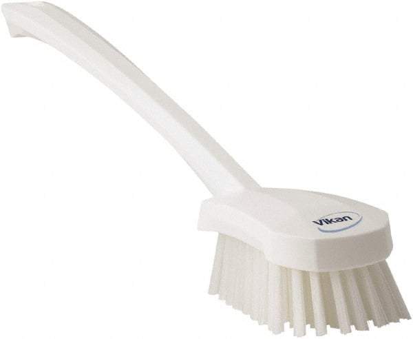 Vikan - 1.3" Bristle Length, Polyester Scrub Brush - 4" Long x 2-3/4" Wide Head, 15-3/4" OAL, White, Polypropylene Block - Caliber Tooling