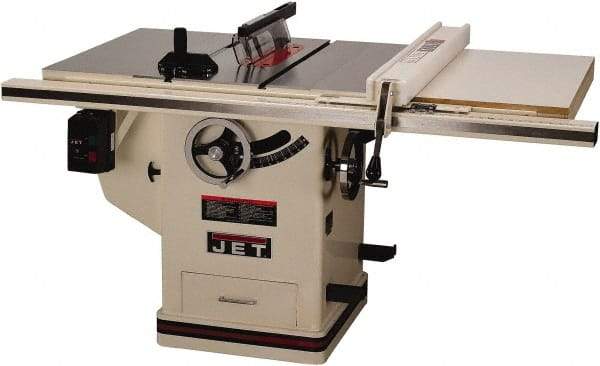 Jet - 10" Blade Diam, 5/8" Arbor Diam, 1 Phase Table Saw - 3 hp, 65" Wide x 36" Deep x 38" High, 230 Volt, 3" Cutting Depth - Caliber Tooling