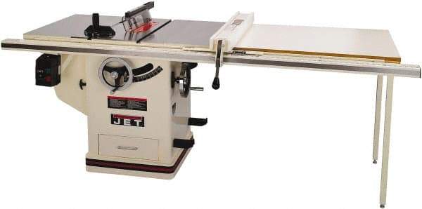 Jet - 10" Blade Diam, 5/8" Arbor Diam, 1 Phase Table Saw - 5 hp, 65" Wide x 36" Deep x 38" High, 230 Volt, 3" Cutting Depth - Caliber Tooling