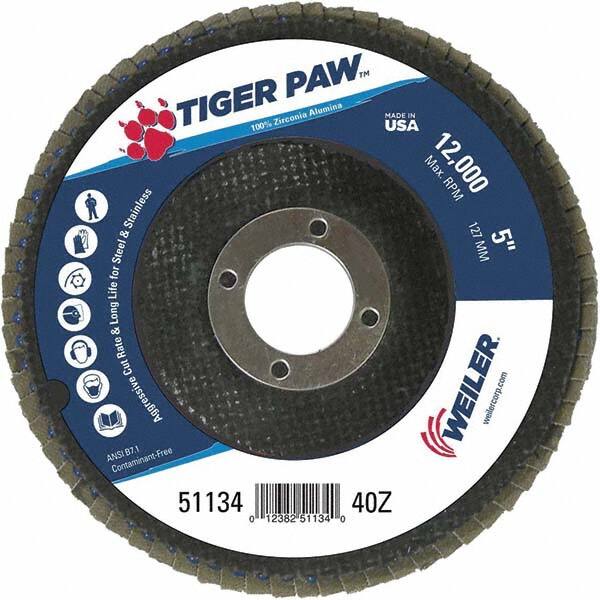 Weiler - 40 Grit, 5" Disc Diam, 7/8" Center Hole, Type 29 Zirconia Alumina Flap Disc - 12,000 Max RPM, Phenolic Backing, Arbor Attaching System, Coated - Caliber Tooling