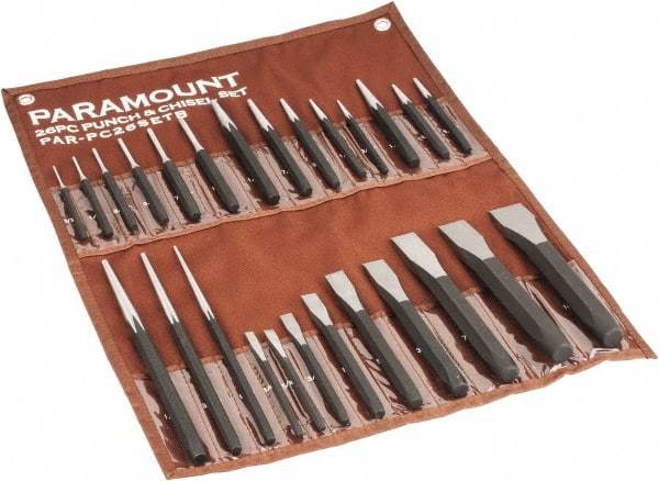 Paramount - 26 Piece Punch & Chisel Set - 1/4 to 1-3/16" Chisel, 3/8 to 1/4" Punch, Hexagon Shank - Caliber Tooling