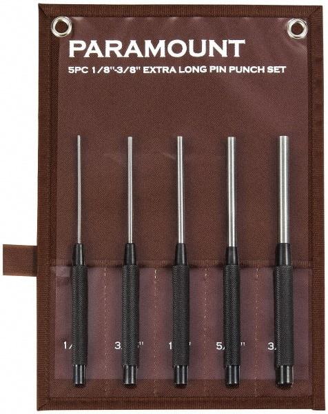 Paramount - 5 Piece, 1/8 to 3/8", Pin Punch Set - Round Shank, Steel, Comes in Canvas Roll - Caliber Tooling