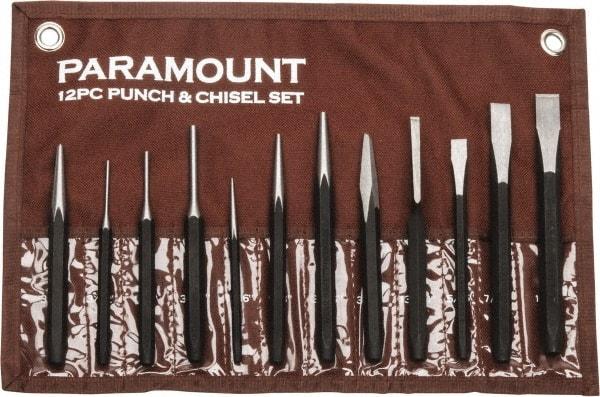 Paramount - 12 Piece Punch & Chisel Set - 13/64 to 1/2" Chisel, 3/8 to 3/16" Punch, Hexagon Shank - Caliber Tooling