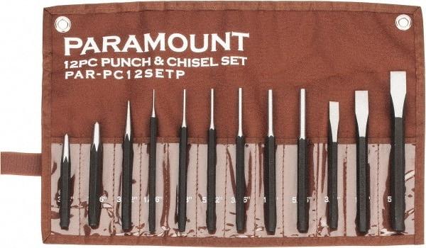 Paramount - 12 Piece Punch & Chisel Set - 3/8 to 5/8" Chisel, 1/16 to 3/8" Punch, Hexagon Shank - Caliber Tooling